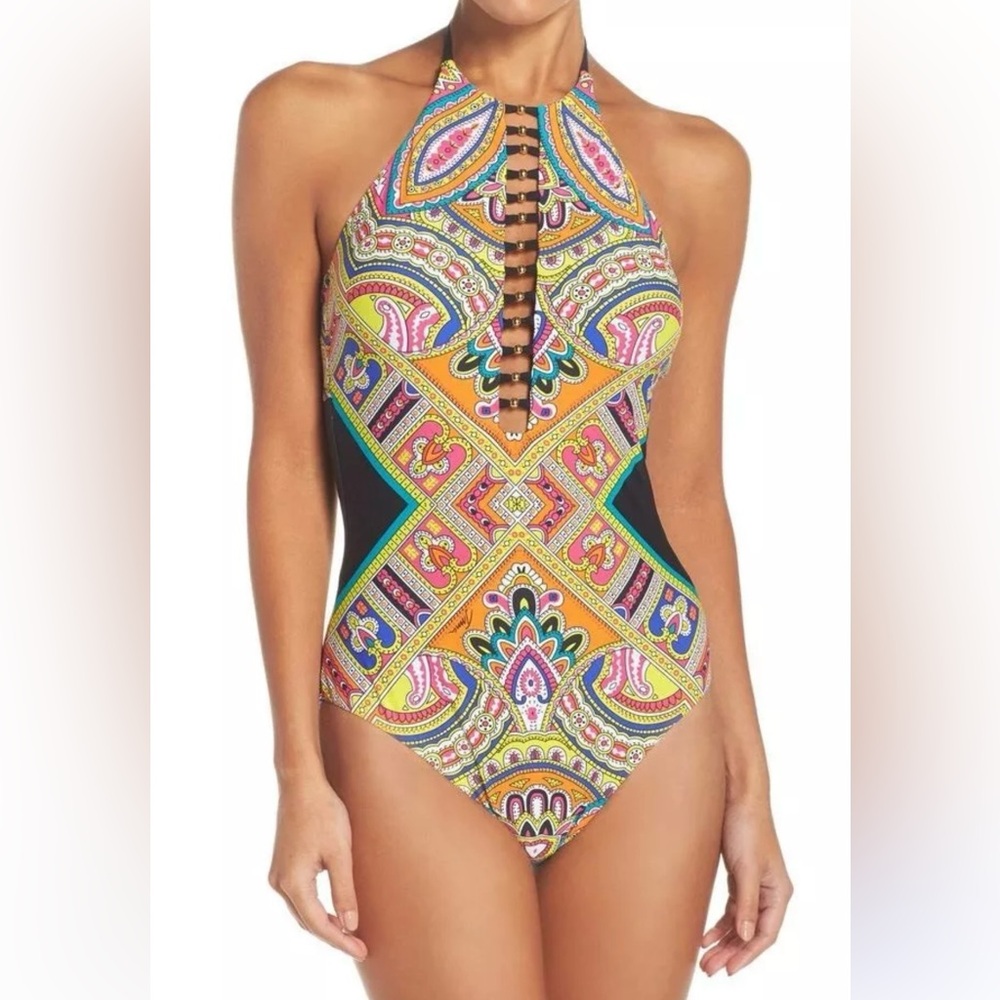 TRINA TURK Nepal one piece high neck swimsuit Size 14 great condition